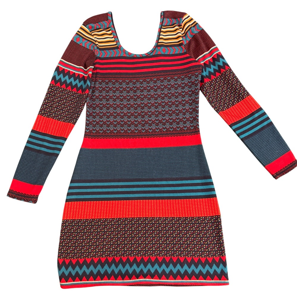 Derek Heart Long Sleeve Knit Dress Geometric Pattern‎ Red Blue Teal Size L